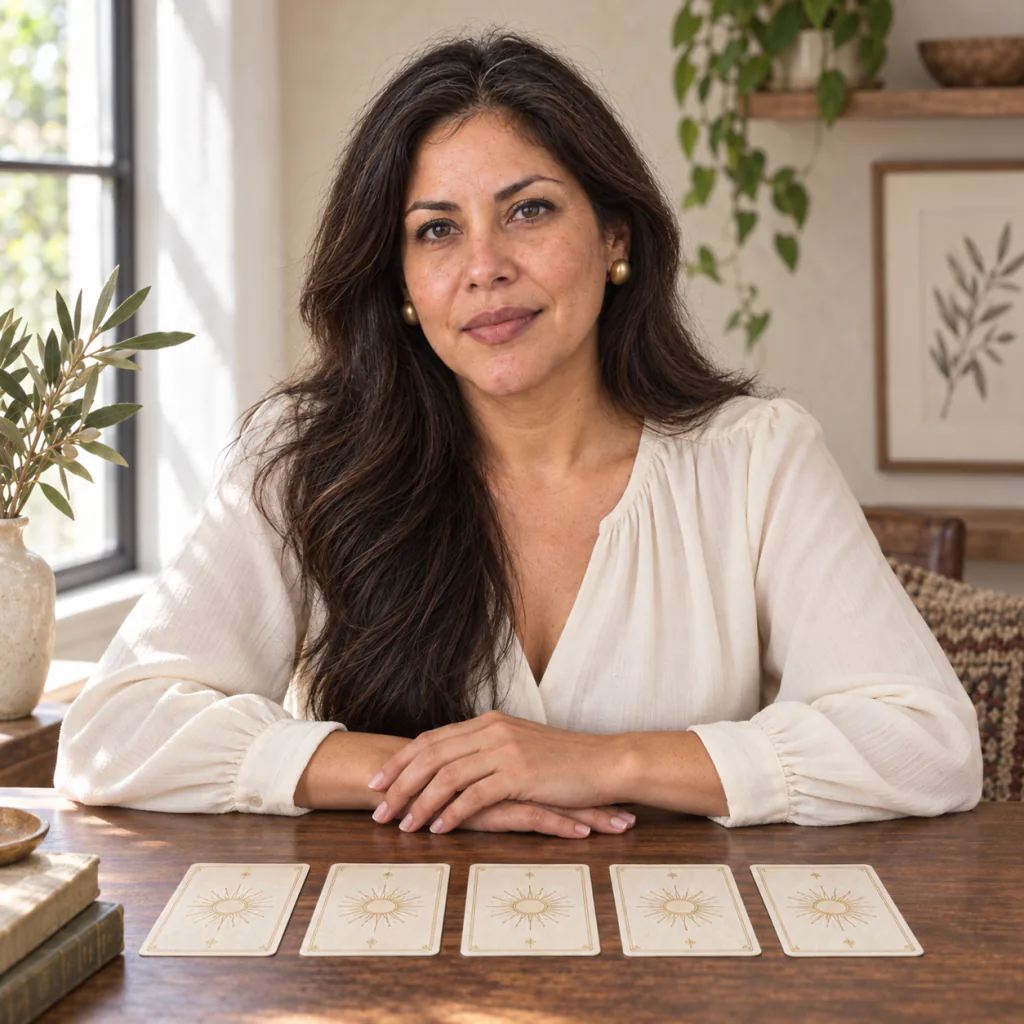 Aurora Valera en su mesa de tarot.